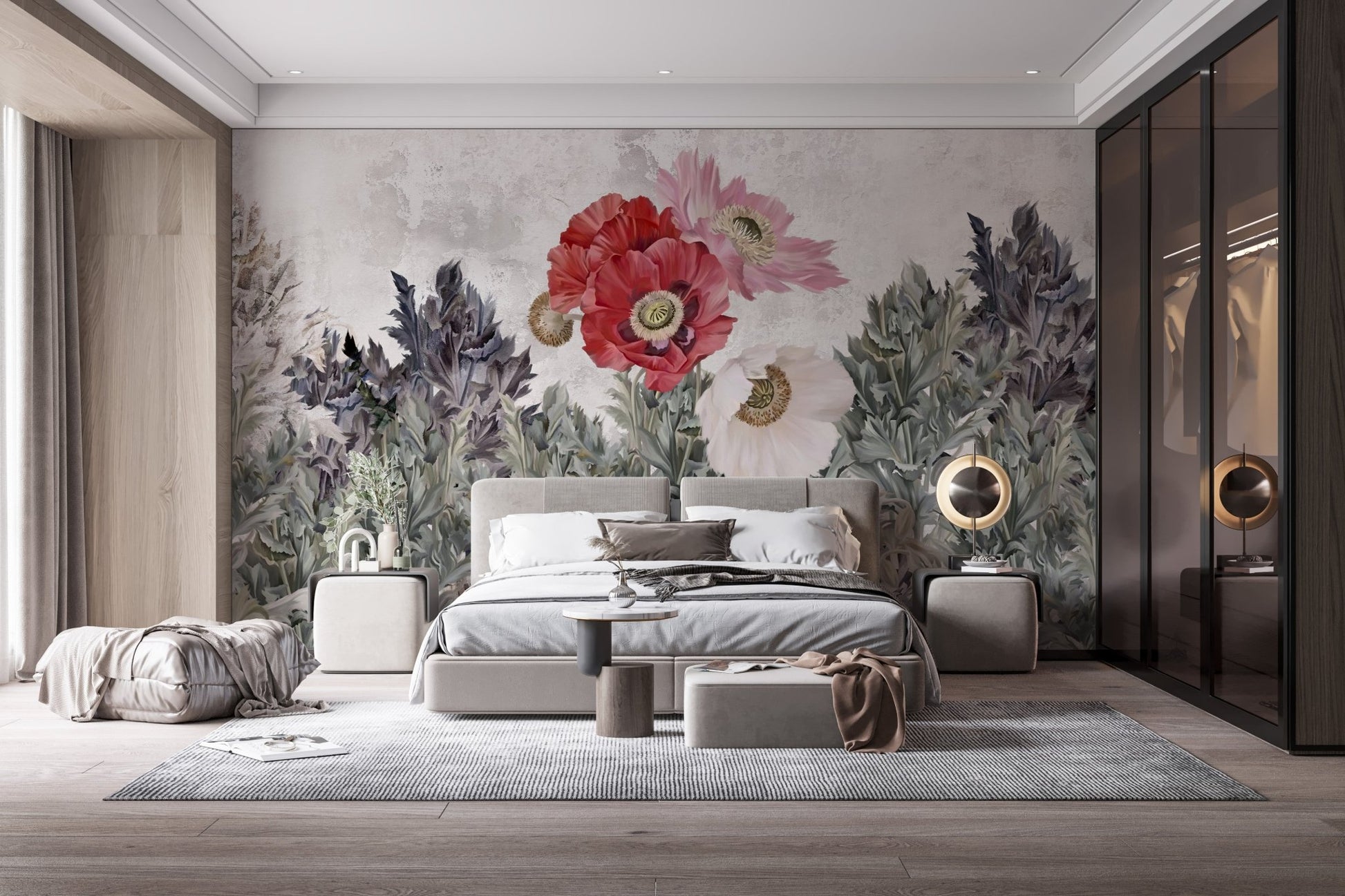 Cozy bedroom setting with a floral grunge wallpaper mural.