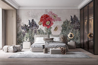 Cozy bedroom setting with a floral grunge wallpaper mural.
