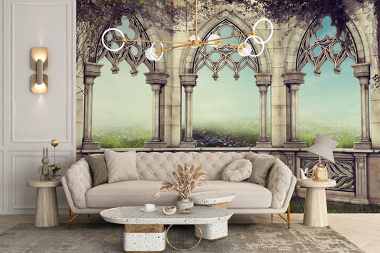 Palace courtyard serenity mural with timeless architectural charm in living area.
