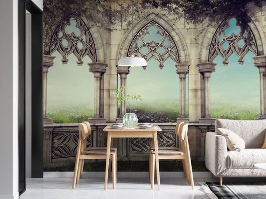 Palace Courtyard Serenity Wall Murals behind a wooden dining table set.