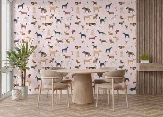 Illustrated puppy breeds on a pale pink wallpaper background.
