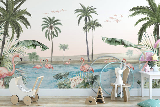 Pink flamingo wall mural in a tropical oasis setting.