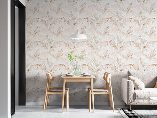 Dining area decorated with nature-inspired tropical wallpaper mural.
