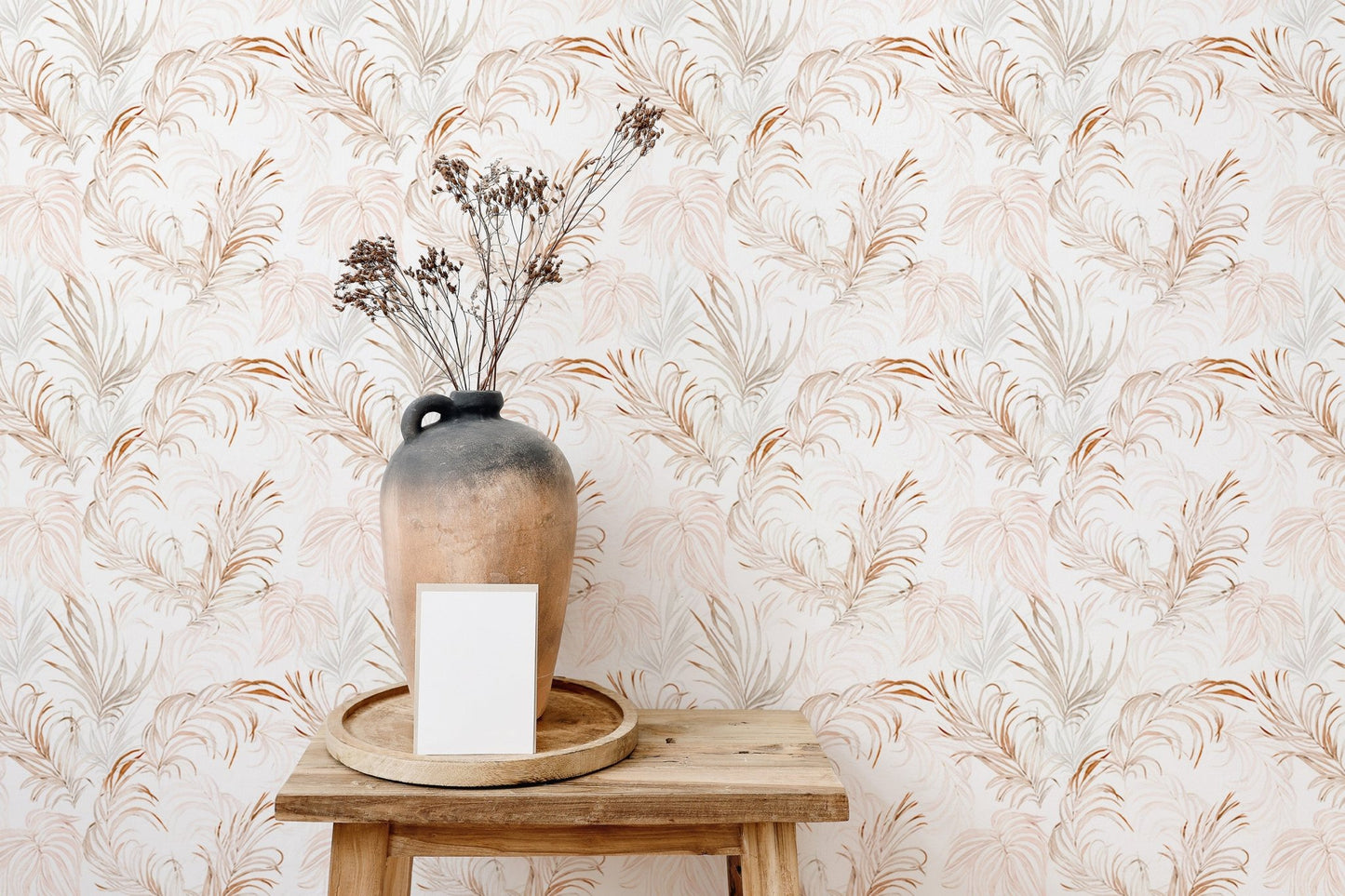 Modern interior with palm branches tropical leaves wallpaper.