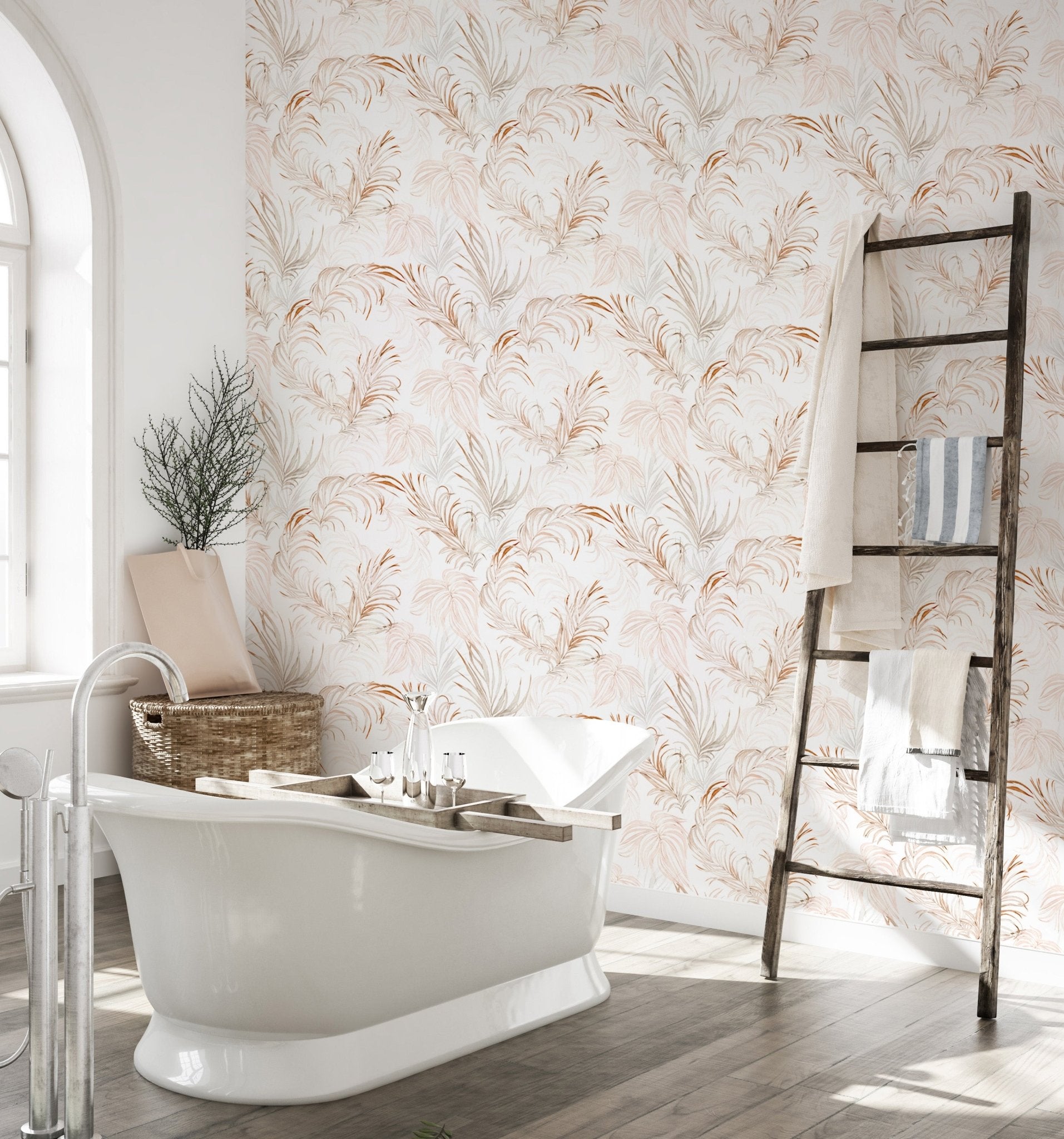 Bathroom wall covered in stylish palm branches tropical leaves wallpaper.