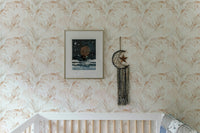 Bedroom wallpaper featuring elegant tropical palm leaf patterns.