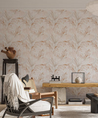 Minimalist living space featuring tropical leaf wallpaper design.
