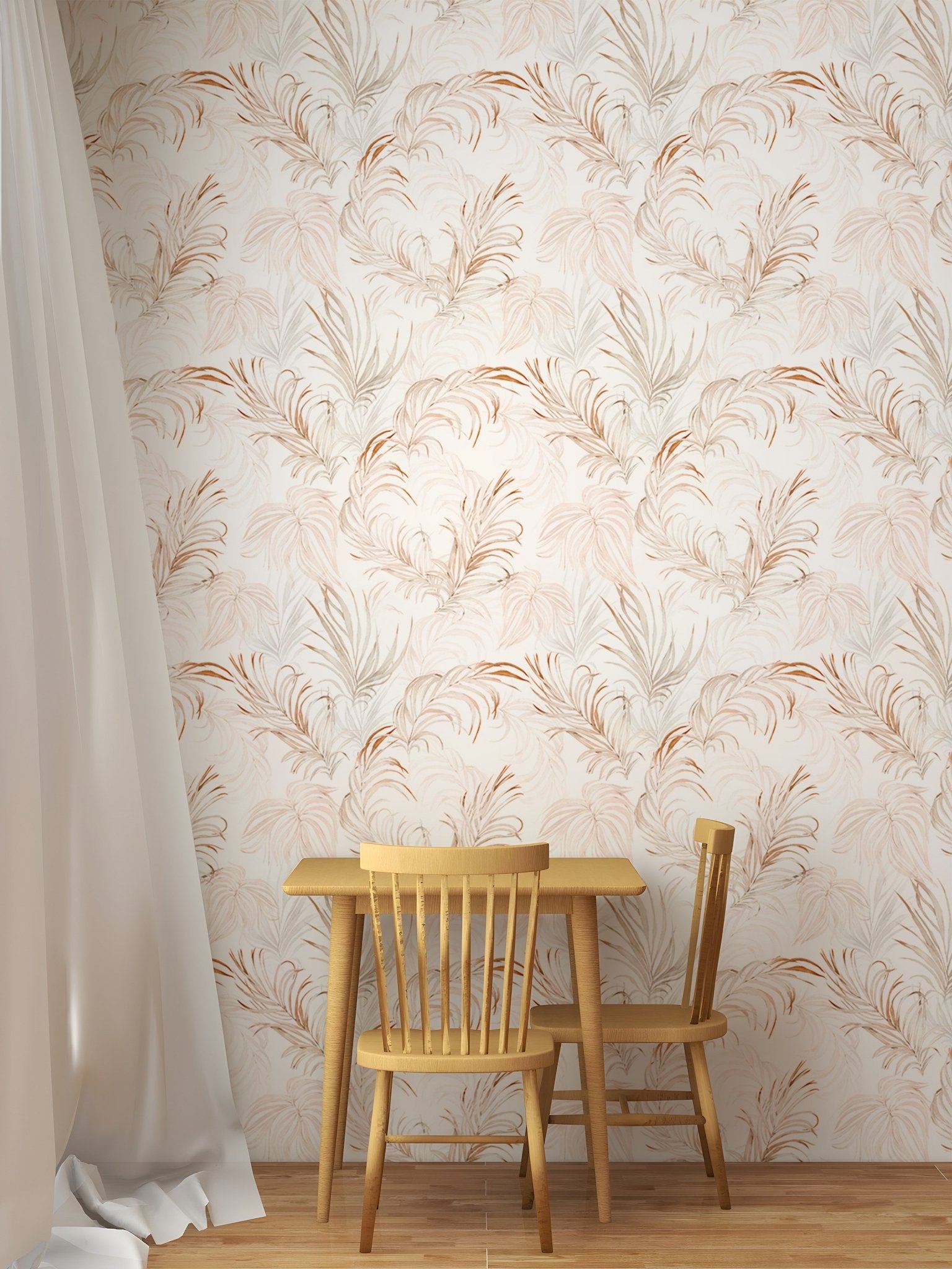 Palm Branches Tropical Leaves wallpaper in a bright airy study room.
