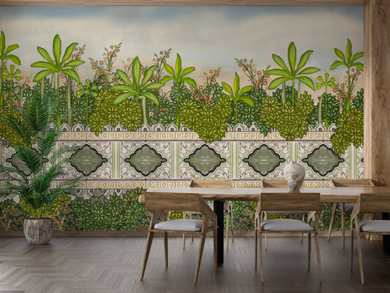 Palm Oasis in Royal Setting Wall Murals in a modern dining room with wooden chairs.