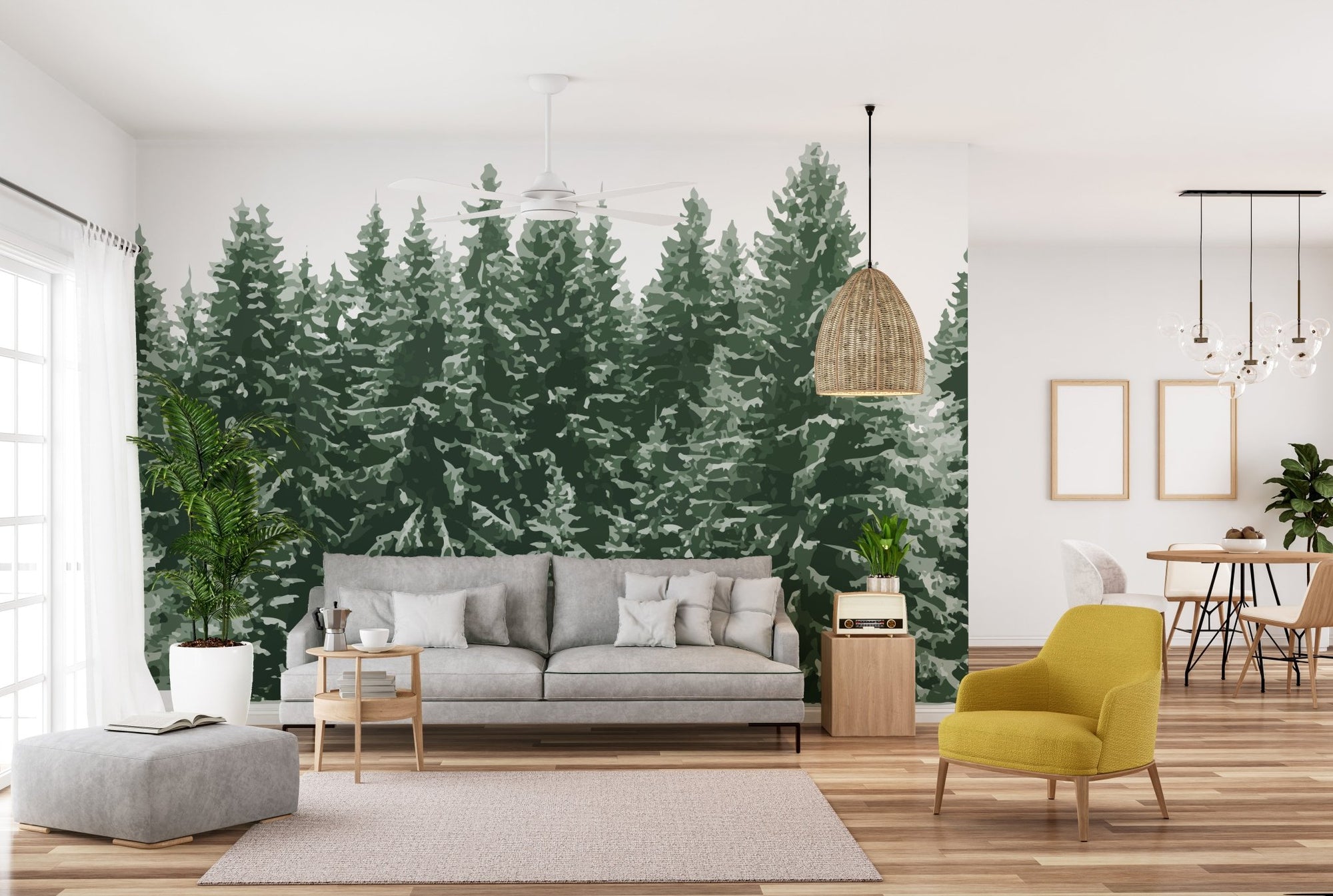 Living room with Palm Tree Forest Wall Murals, grey sofa, and yellow chair.