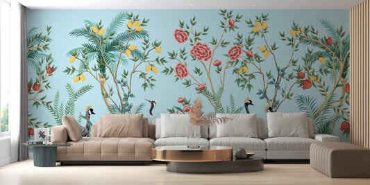 Modern living area featuring floral tropical wall mural and neutral sofa.