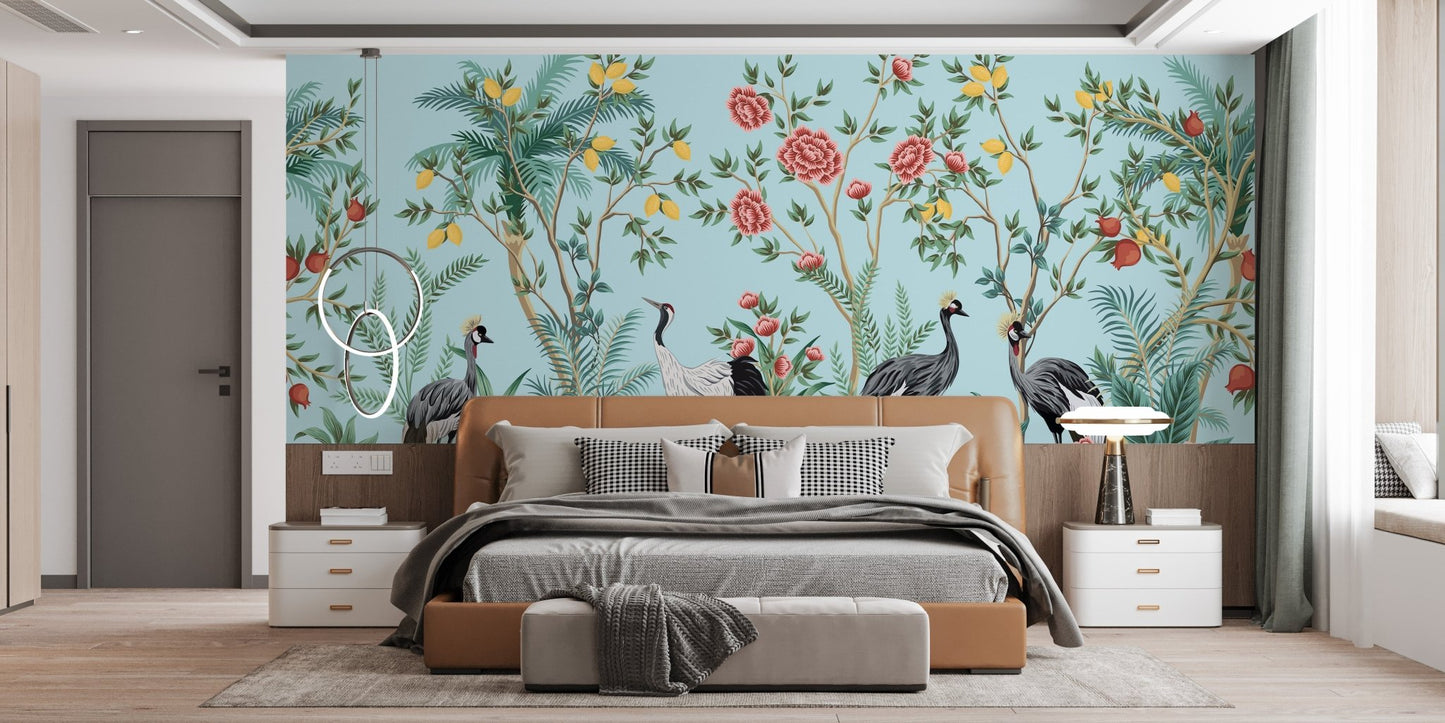 Delicate Chinoiserie palm tree wallpaper
