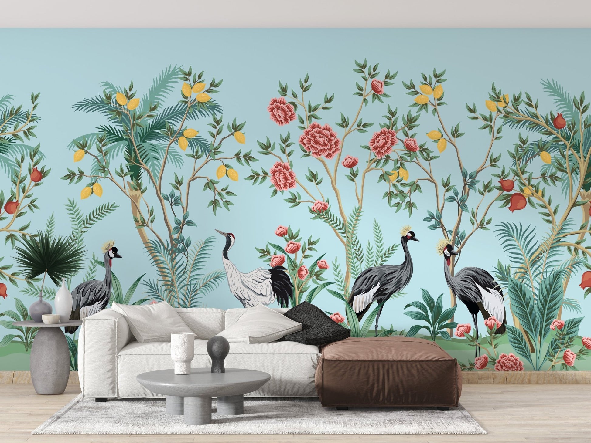 Chinoiserie wallpaper with tall palm trees
