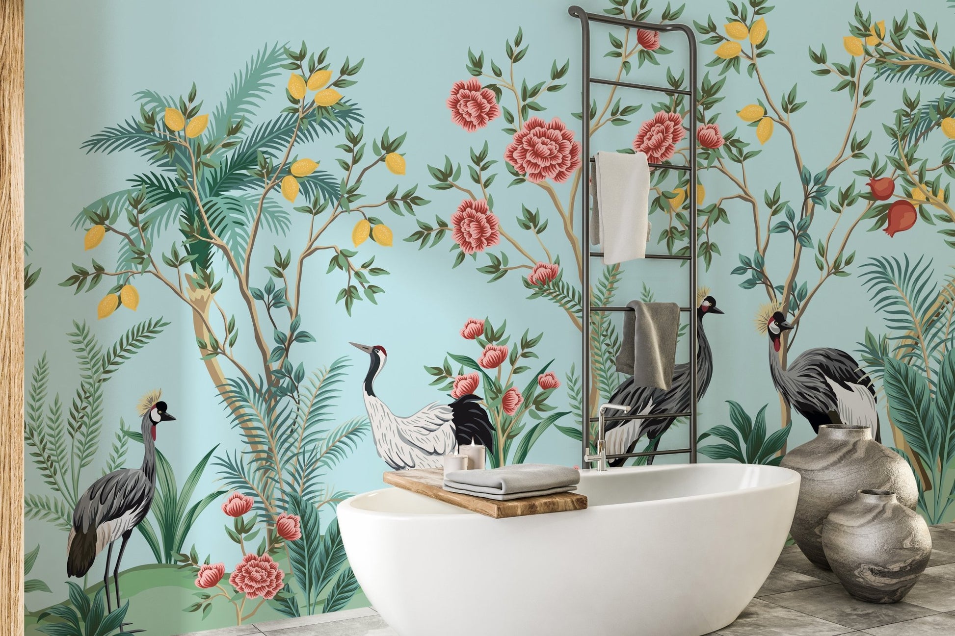 Lush palm tree mural in a Chinoiserie look
