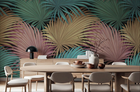 Dining room with Palm Whisper wall mural featuring teal, gold leaves.