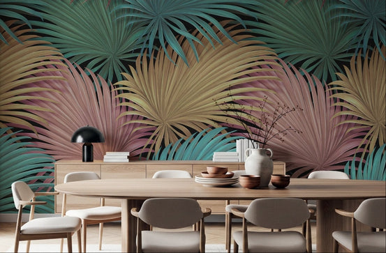 Dining room with Palm Whisper wall mural featuring teal, gold leaves.