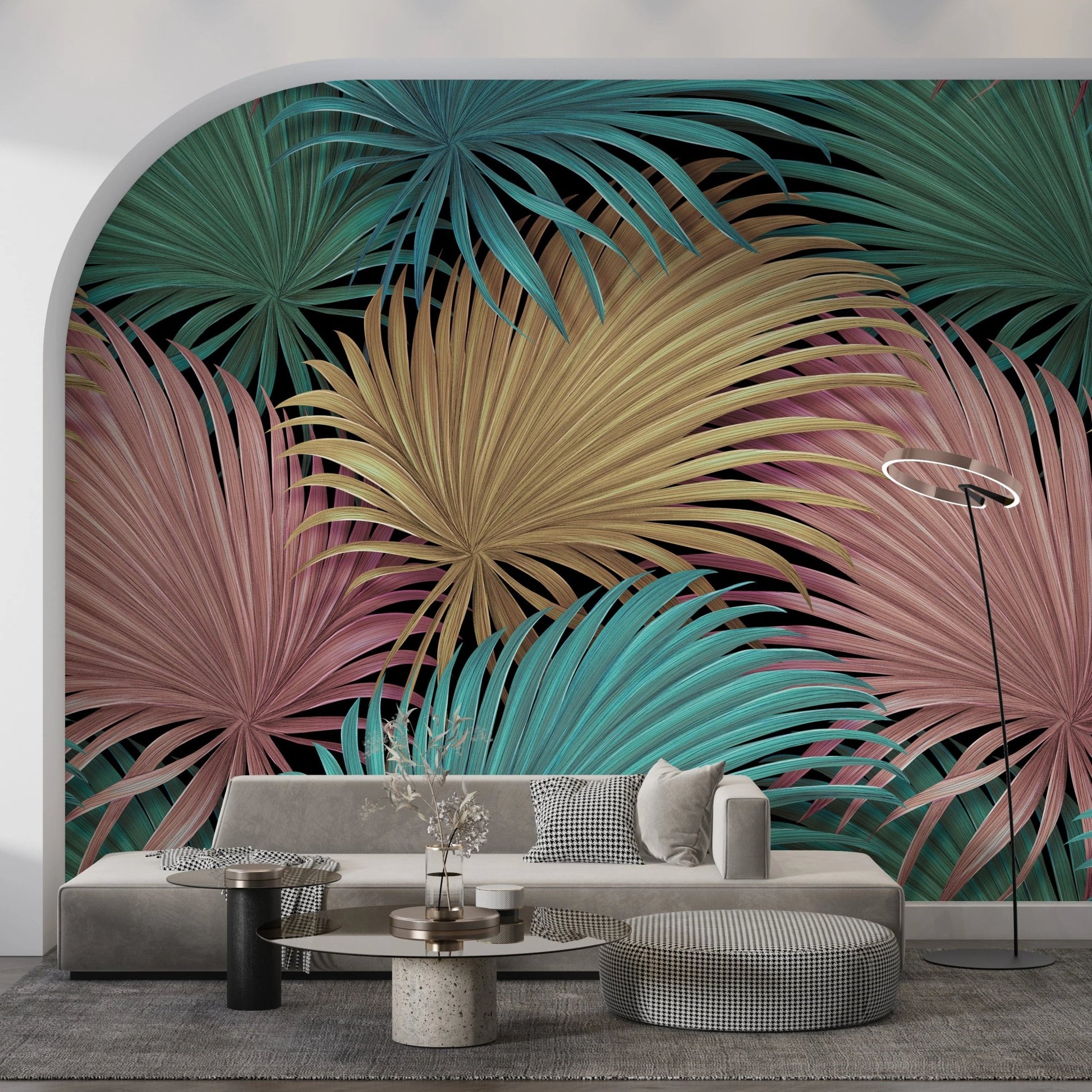 Arched wall feature displaying a teal and pink tropical palm leaves wall mural.
