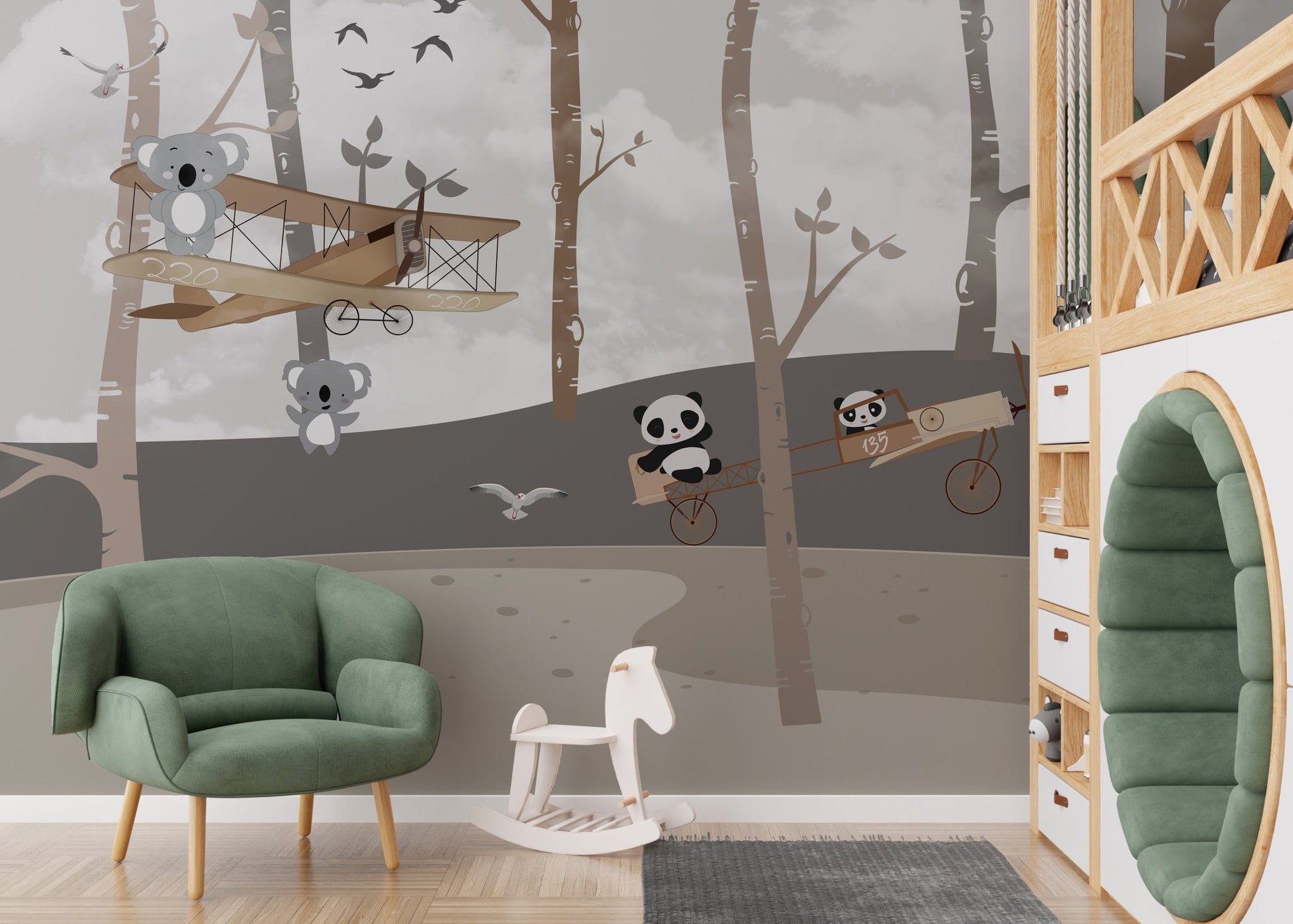 Panda and koala explorer mural for adventurous kids' room walls.
