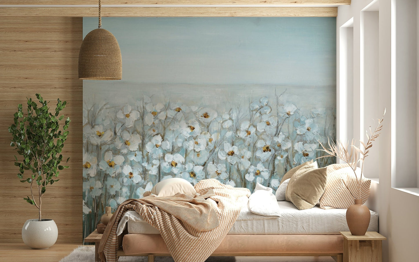 Bedroom Botanical Wall Mural blue feature wall