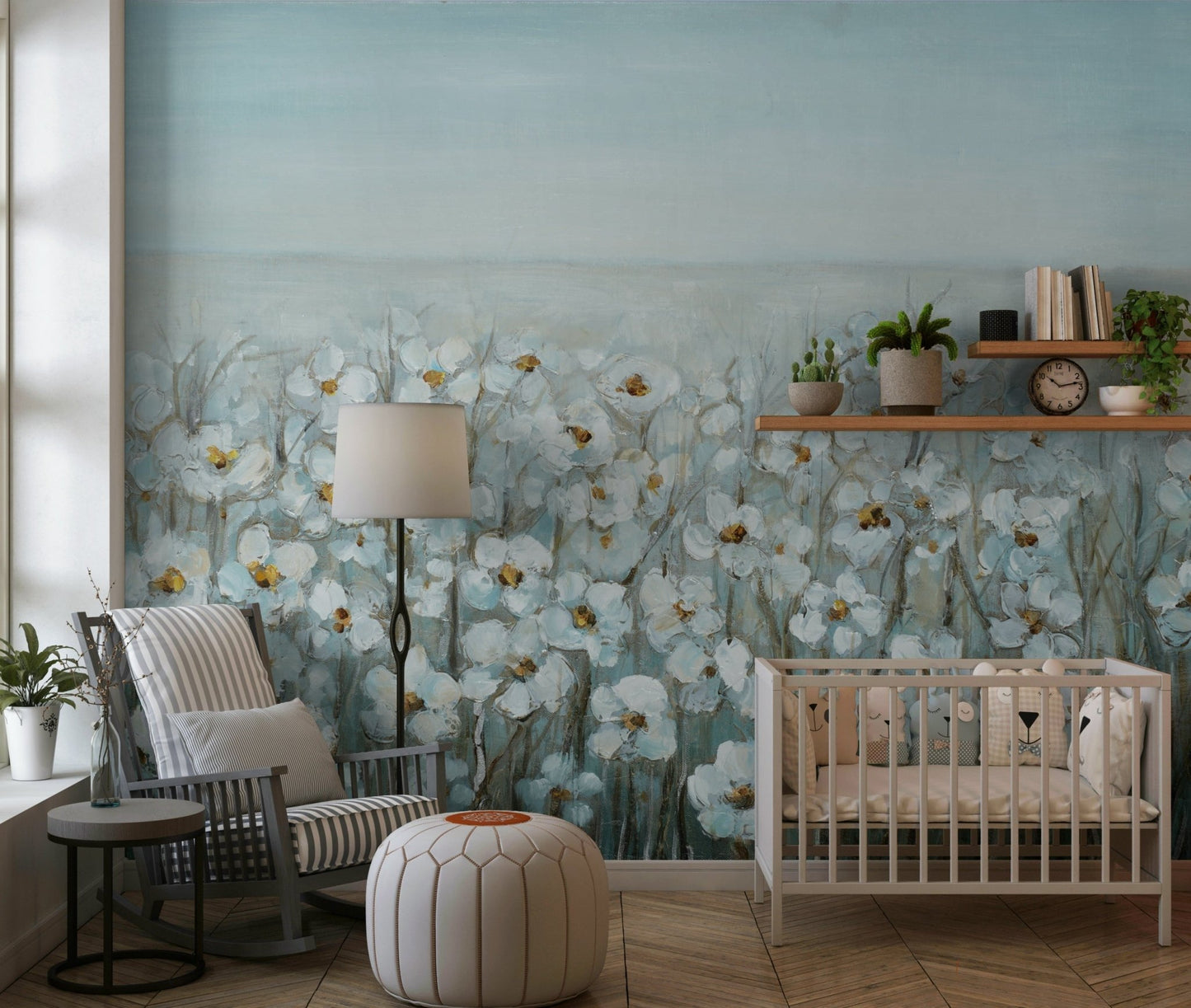 Home muted blue floral full wall mural