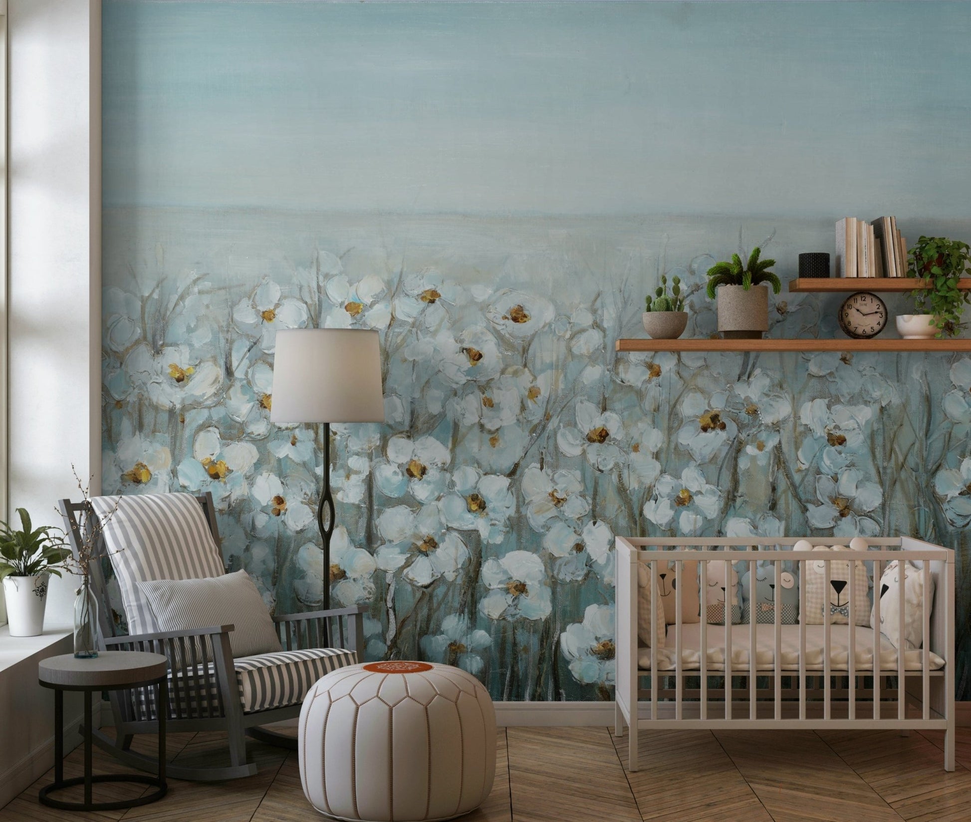 Home muted blue floral full wall mural