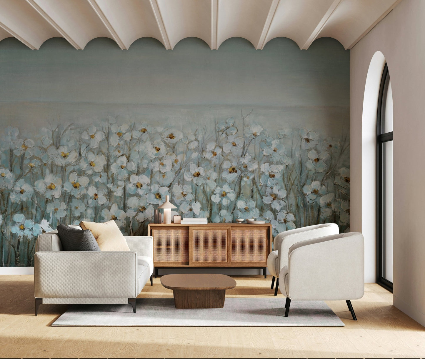 Hallway blue-gray botanical full wall mural