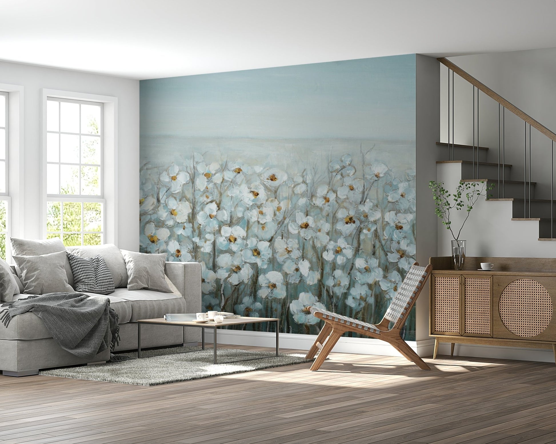 Living space painterly blue floral feature wall