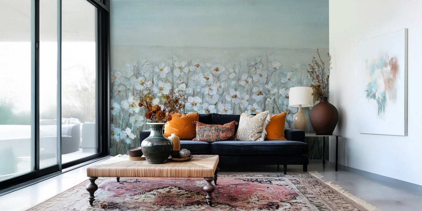 Apartment muted blue floral feature wall