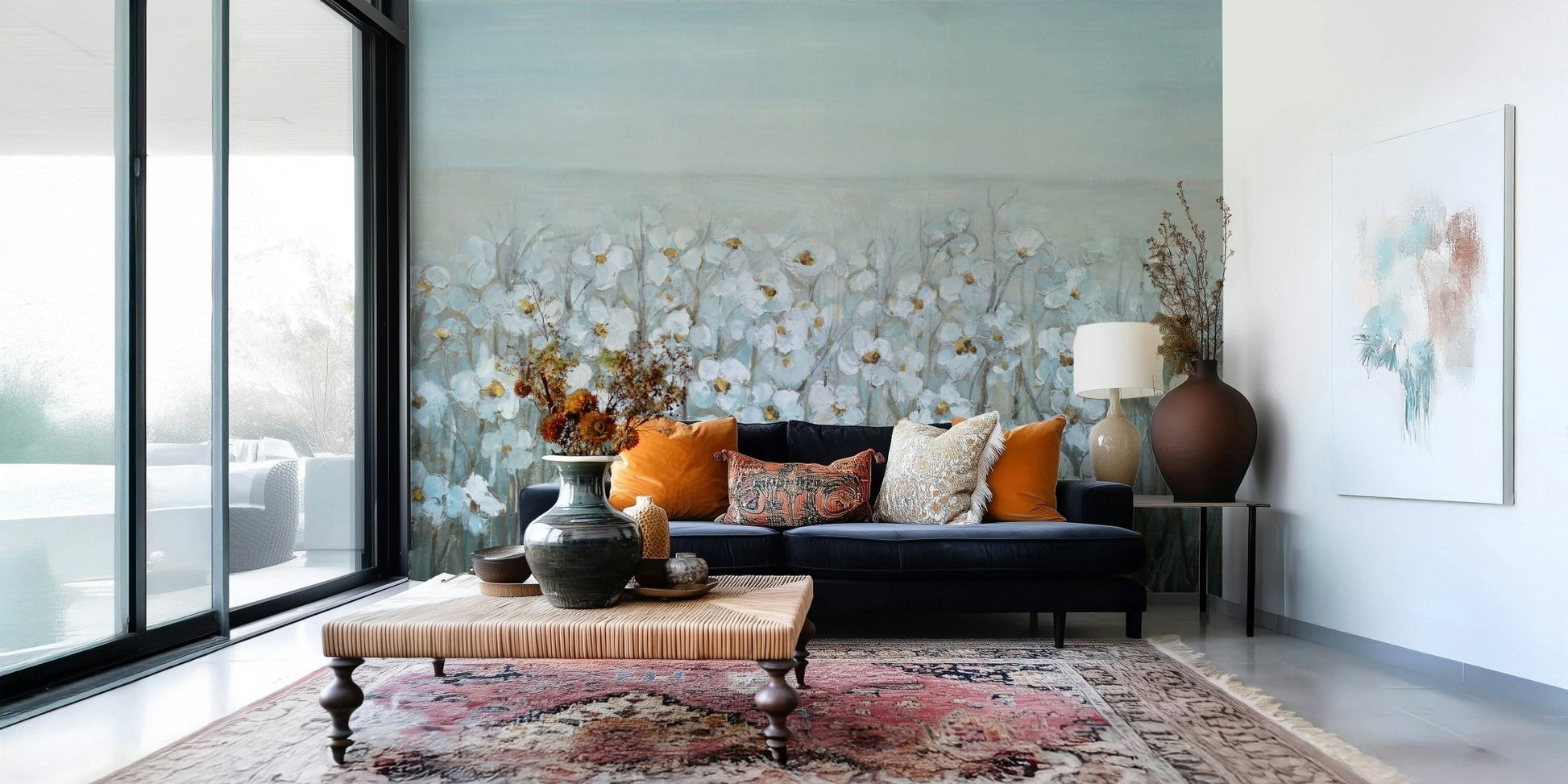 Apartment muted blue floral feature wall
