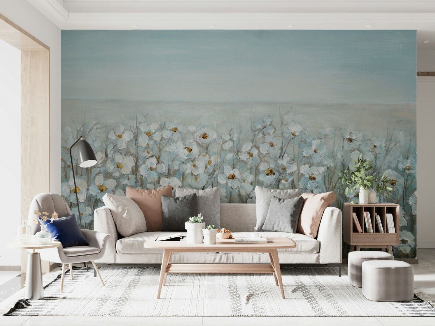 Apartment soft blue floral accent wall mural
