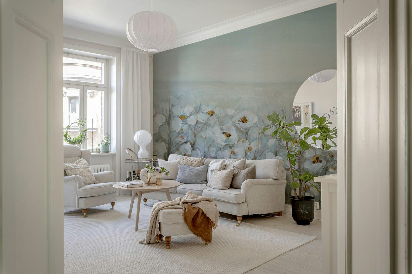 Entryway painterly blue flower feature wall