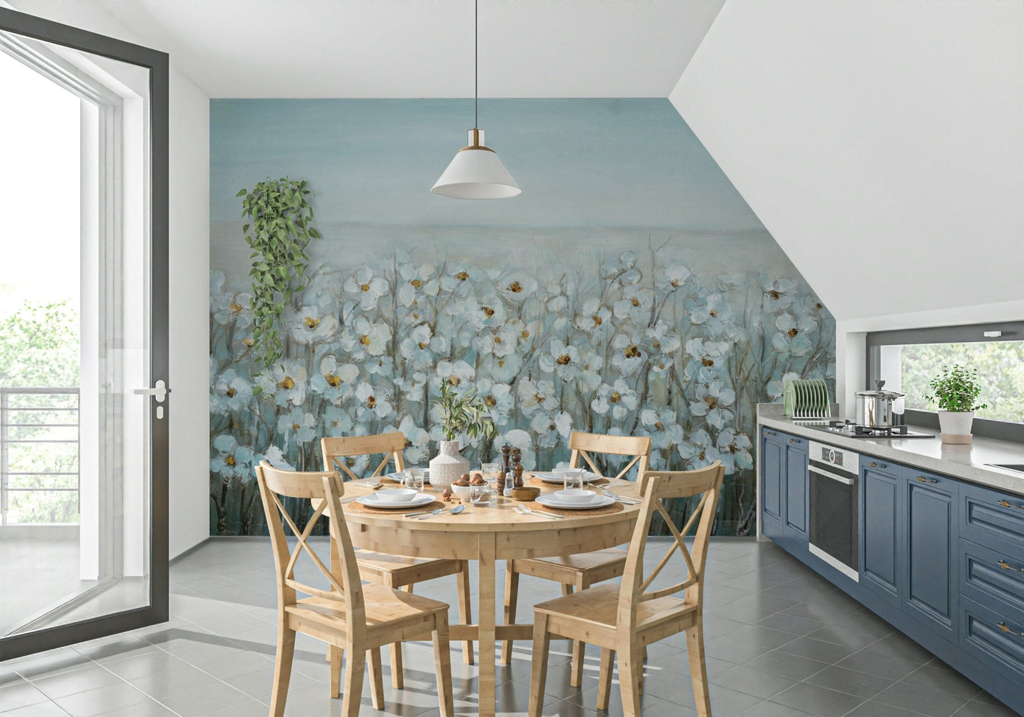 Dining Panoramic Flower Wall Mural soft blue accent wall