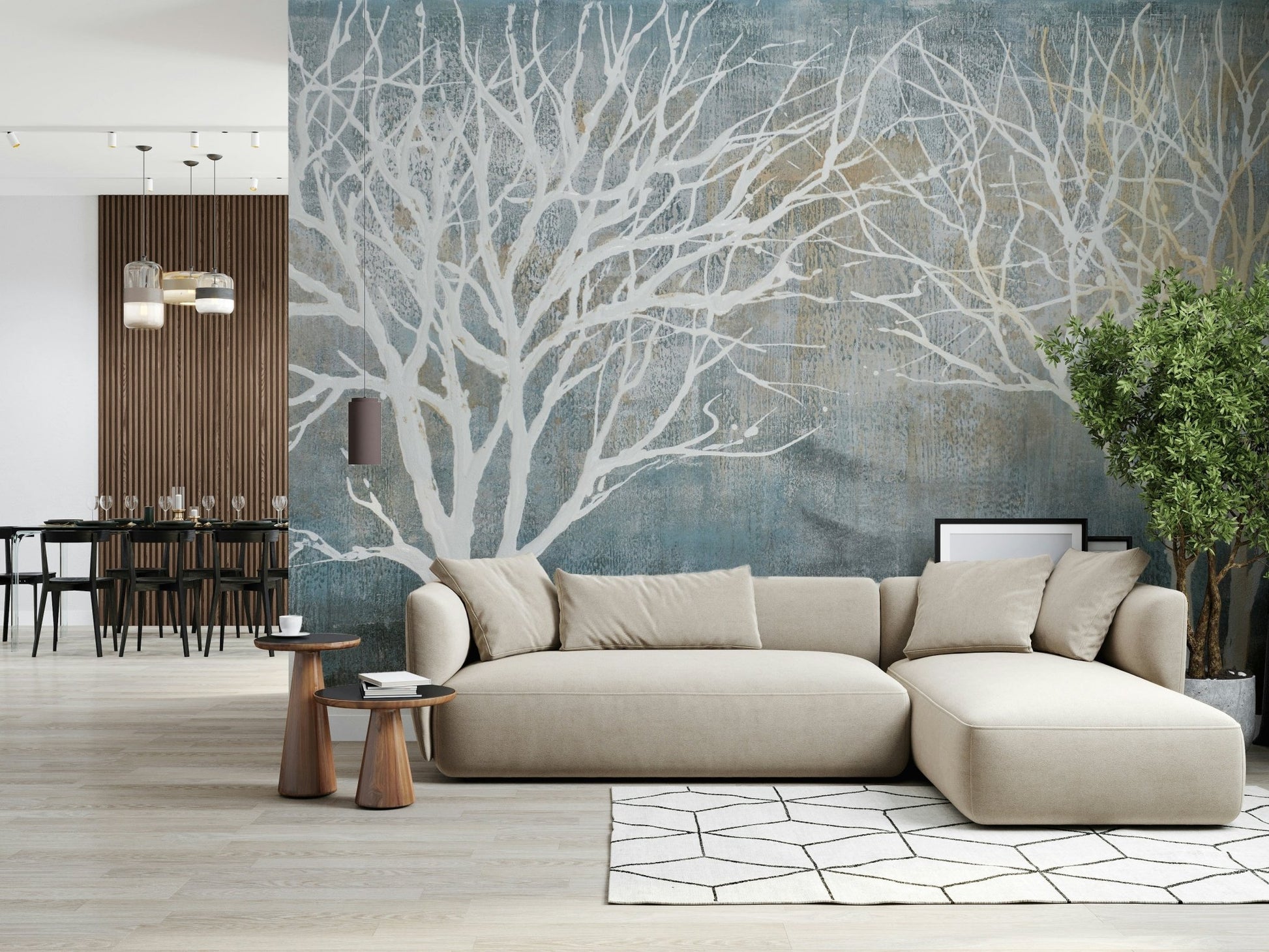 Panoramic Forest on Textured Blue Wall Mural - Wallanza