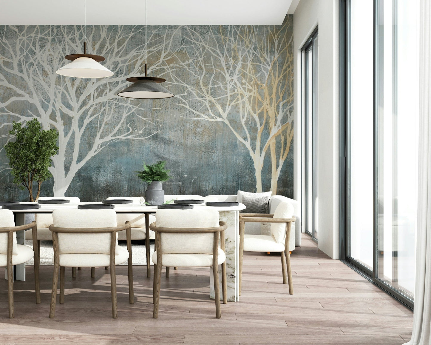 Panoramic Forest on Textured Blue Wall Mural - Wallanza