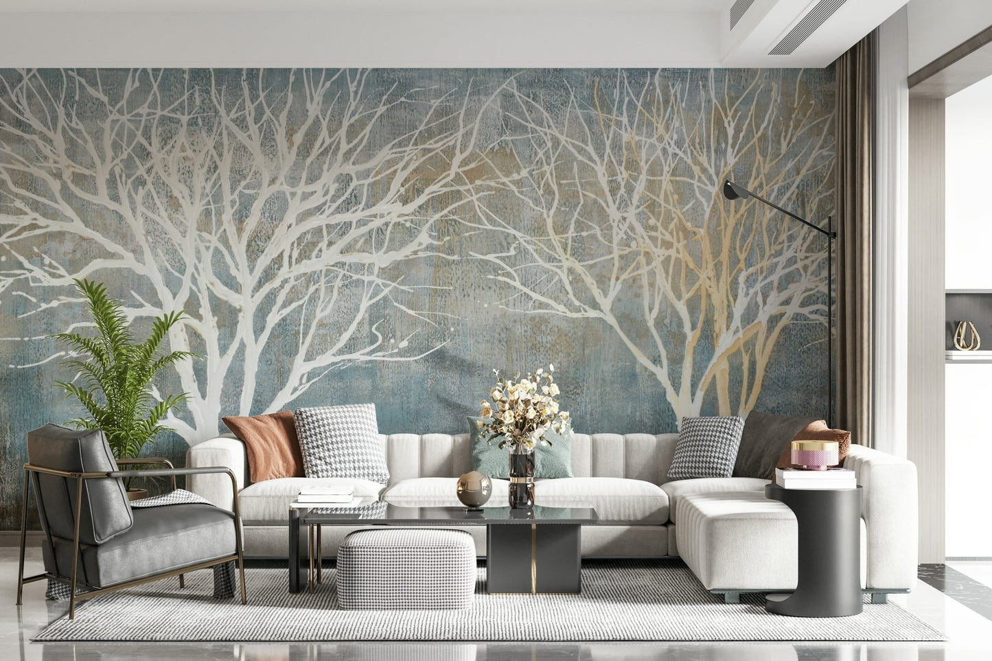 Panoramic Forest on Textured Blue Wall Mural - Wallanza