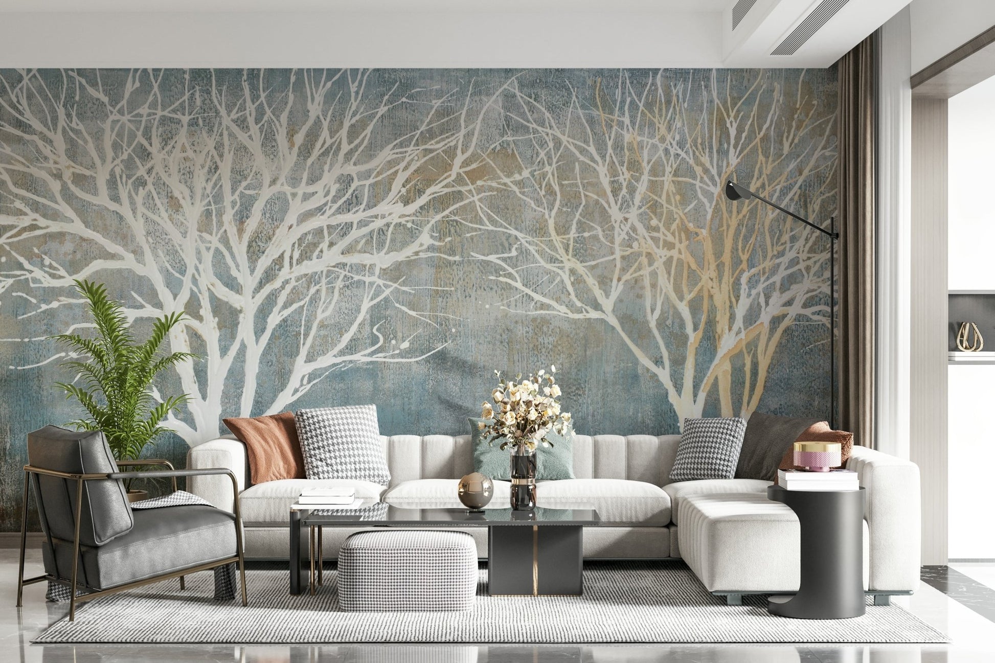 Panoramic Forest on Textured Blue Wall Mural - Wallanza