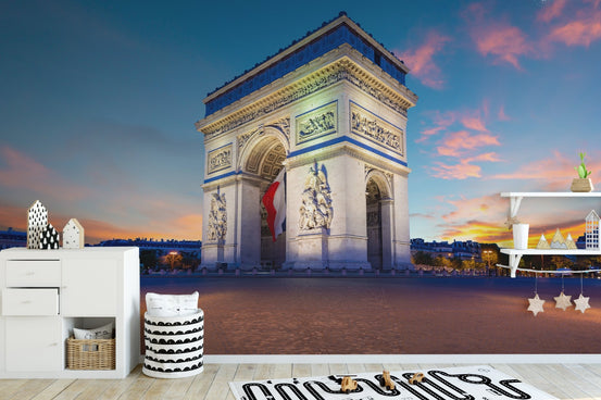 Arch of Triumph wall mural capturing the French capital at golden hour time.