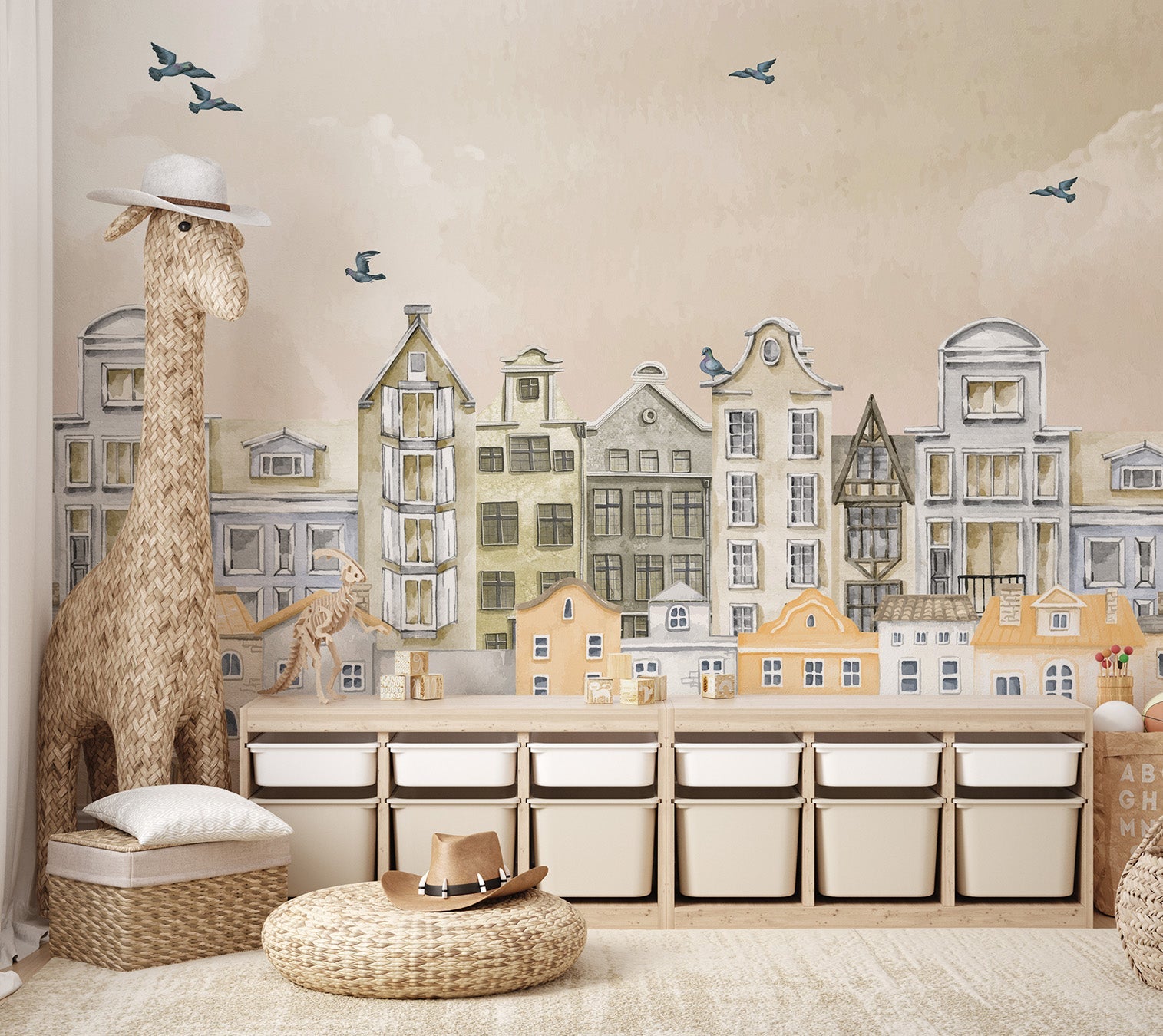 Vertical townhouses with gabled roofs in a vintage Parisian Dream Wall Mural