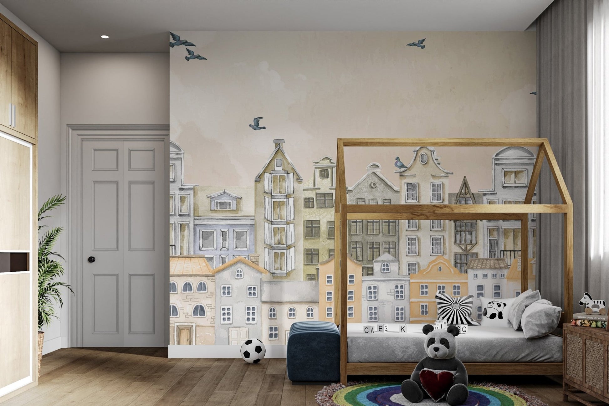 Parisian-inspired wall mural with vintage houses and birds in flight across the sky.