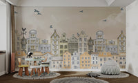 Watercolor mural of charming European houses with flying birds in study room.