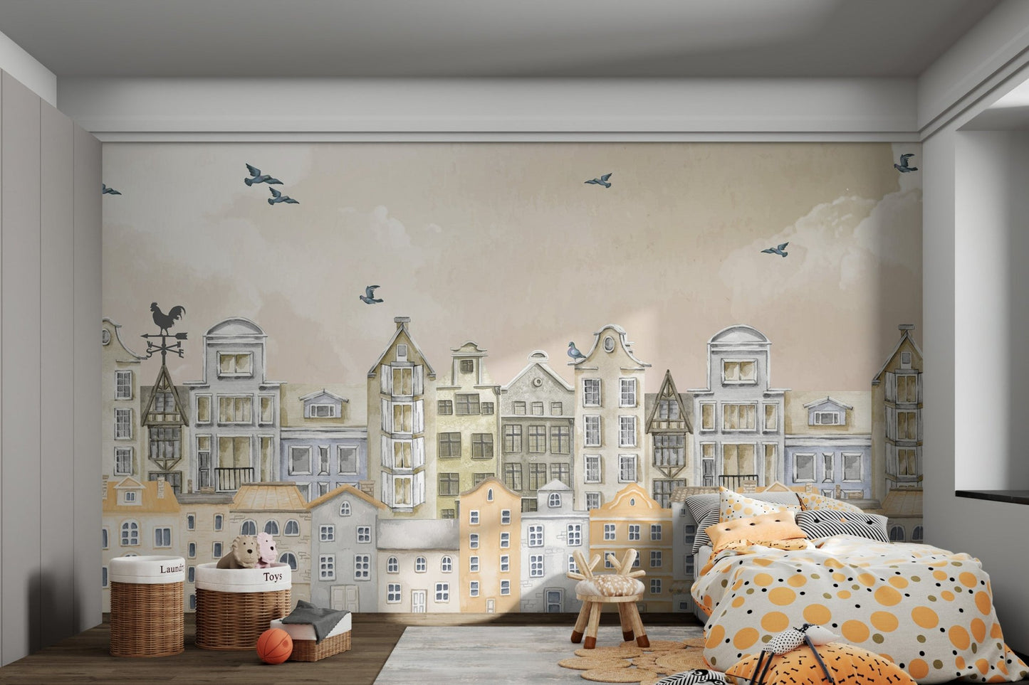 Classic architecture illustration wall mural in neutral tones for a bedroom.