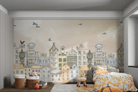 Classic architecture illustration wall mural in neutral tones for a bedroom.