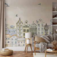 Pastel orange and grey street scene wall mural for a modern living room.