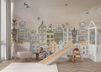 Parisian wall mural with watercolor homes and pigeons gliding for nursery.