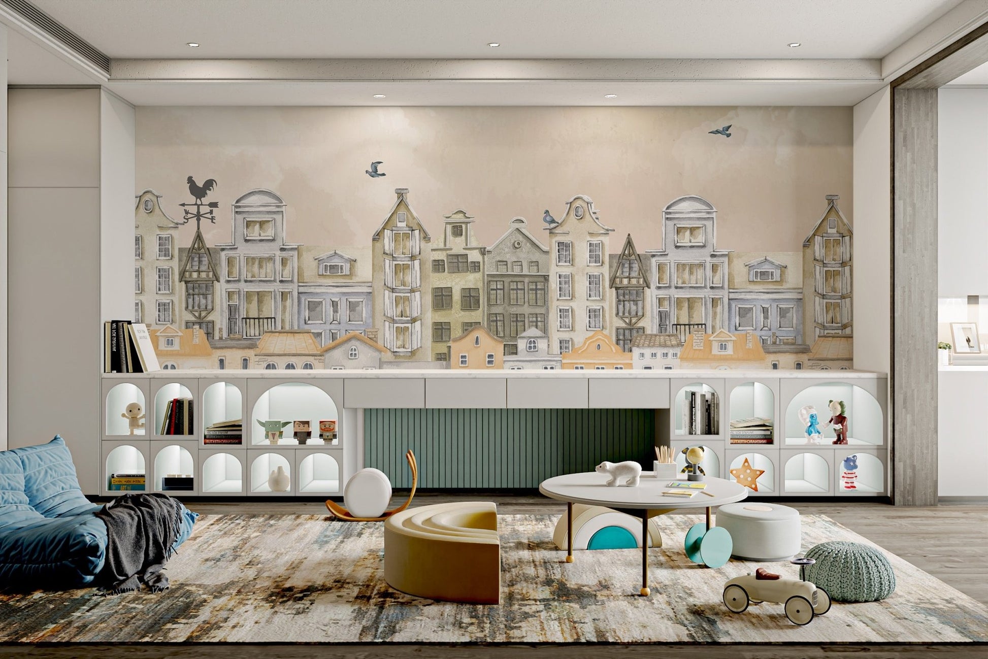 Elegant watercolor houses mural with European-style architecture in playroom