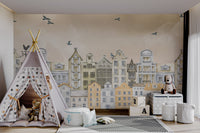 Soft-toned mural depicting birds soaring under pastel skies for playroom.