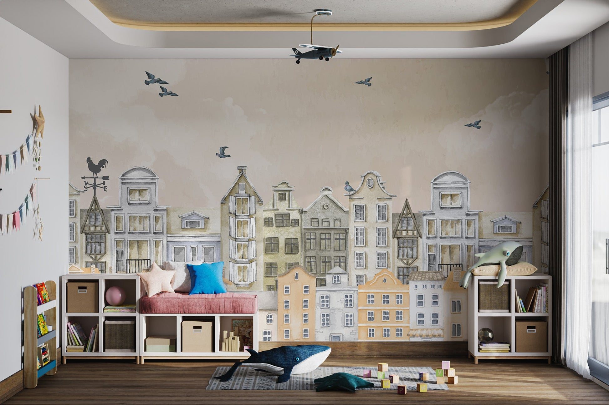 Whimsical cityscape wall mural featuring cozy homes, vintage rooftops