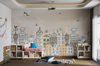Whimsical cityscape wall mural featuring cozy homes, vintage rooftops