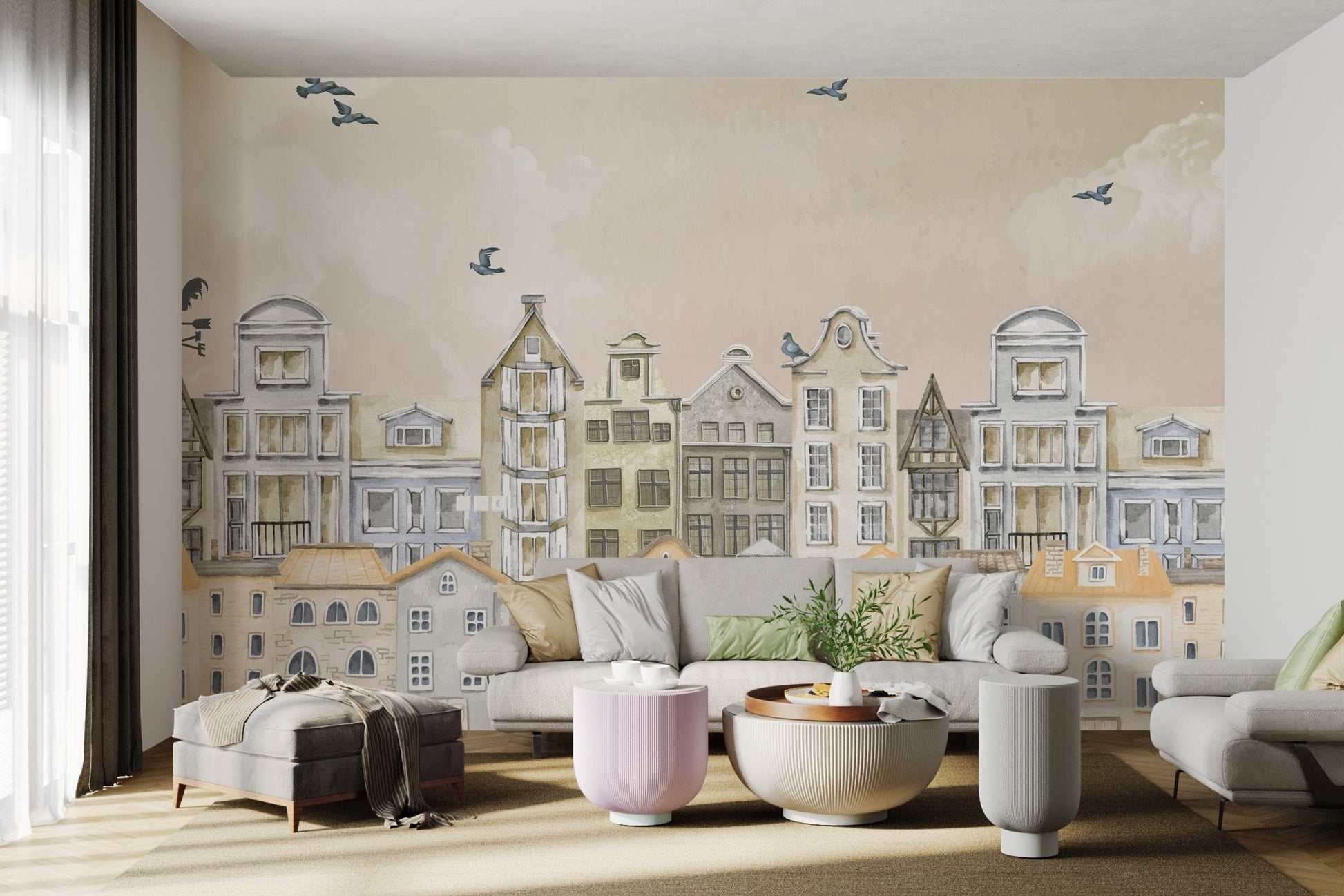 Vintage European houses mural in neutral colors for bright living rooom.