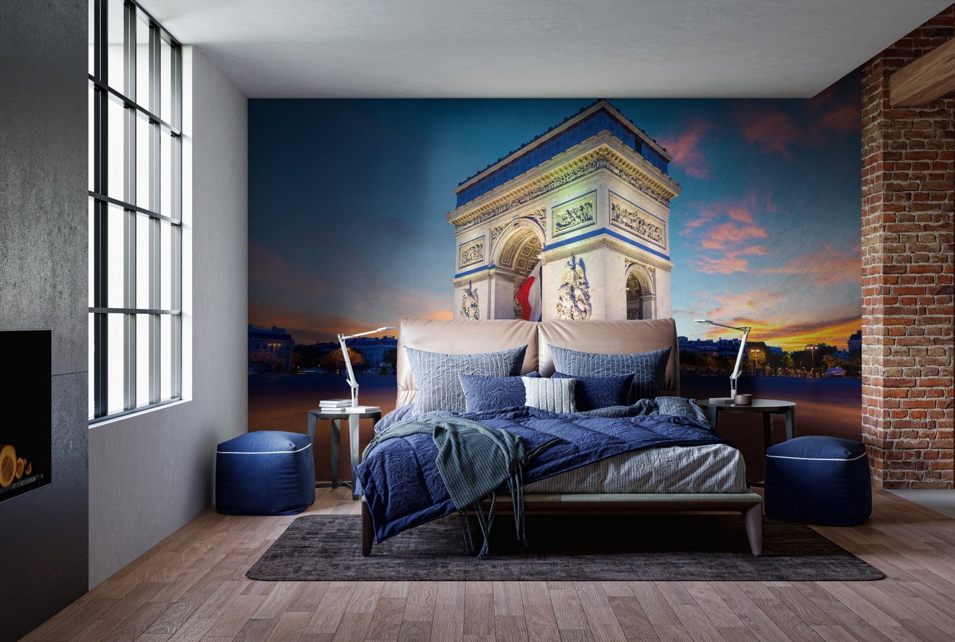 Dark blue parisian evening sky wallpaper in a minimalist bedroom setting.